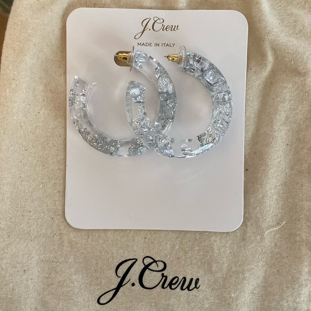 J. Crew Clear Hoop Resin earrings with Silver Flakes Made in Italy. NWT.